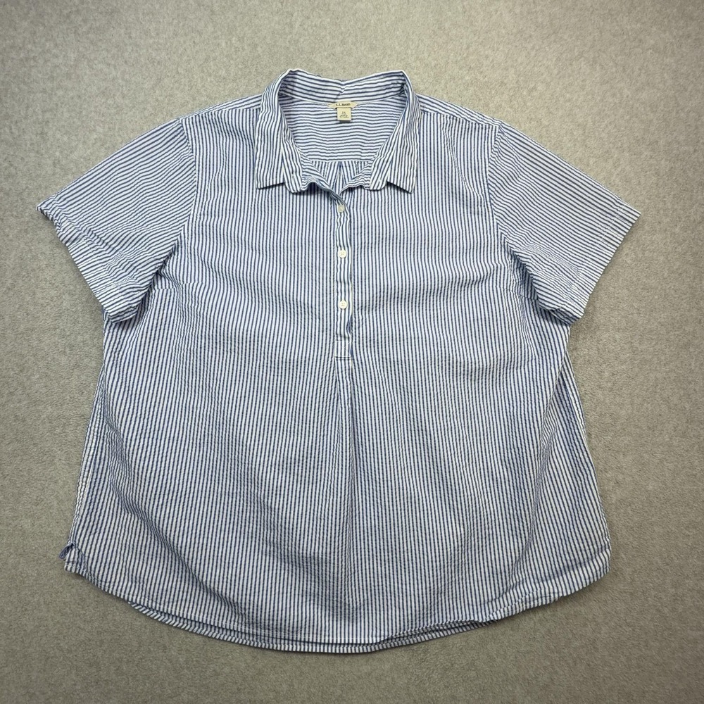 LL Bean Vacationland Seersucker Shirt Womens 1X Plus Blue Stripe Popover Top